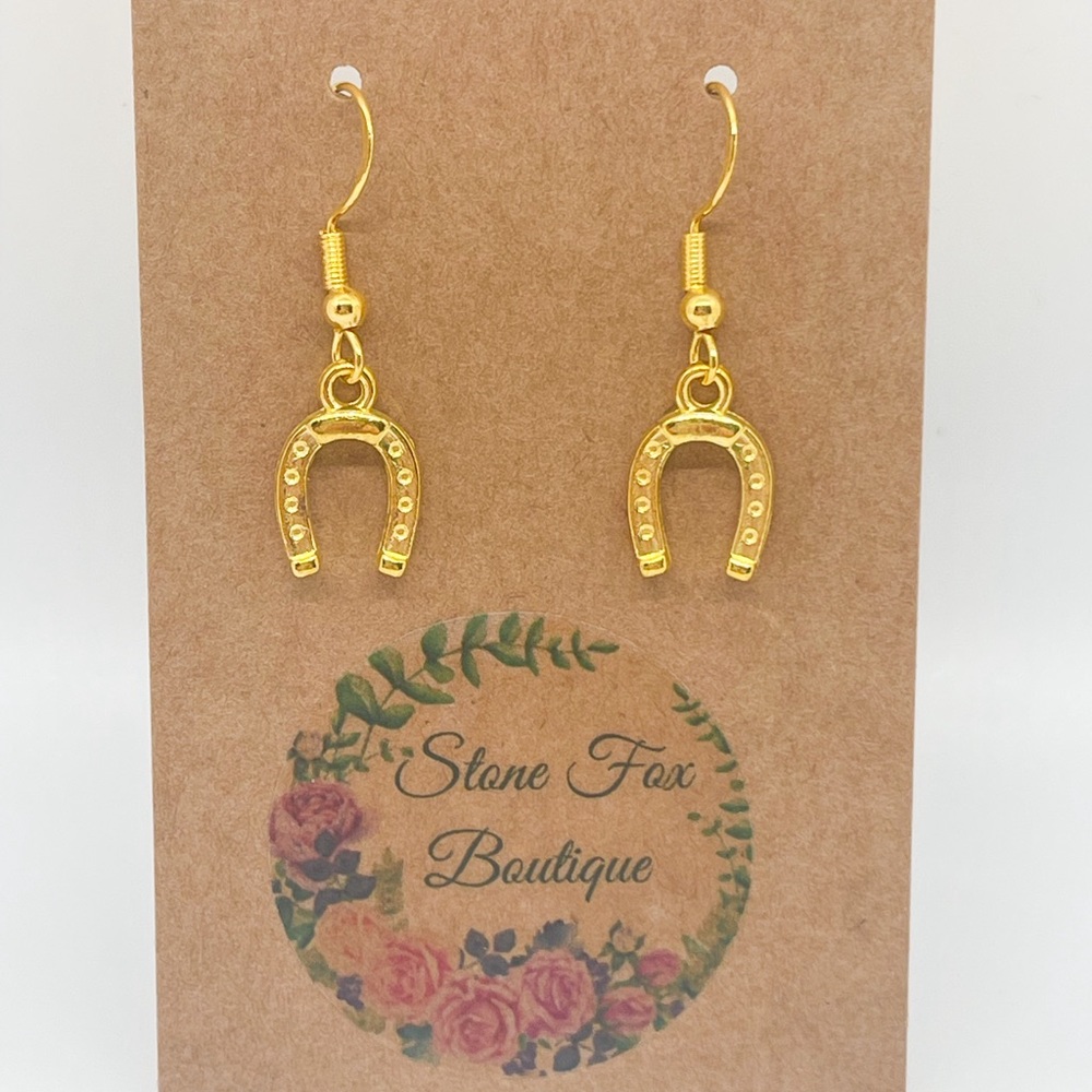 Gold Toned Sterling Silver Hook Wire Earrings with Horseshoe Novelty Charms.